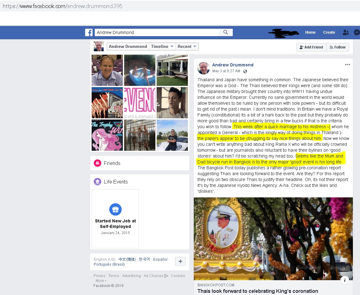 Andrew Drummond Facebook post about Thai monarchy