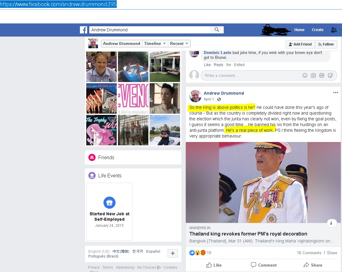 Andrew Drummond Facebook post about Thai King